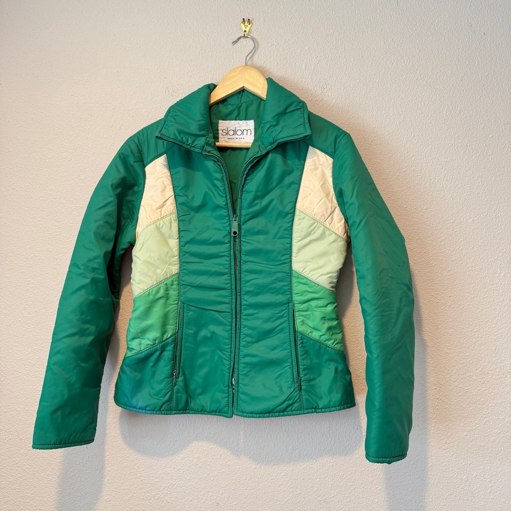 Vintage Slalom Ski Jacket Green Colorblock Puffer Zip Up Made in USA Women Small